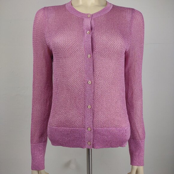 Kate Spade pink metallic open knit semi-sheer button front cardigan Medium - Picture 1 of 8